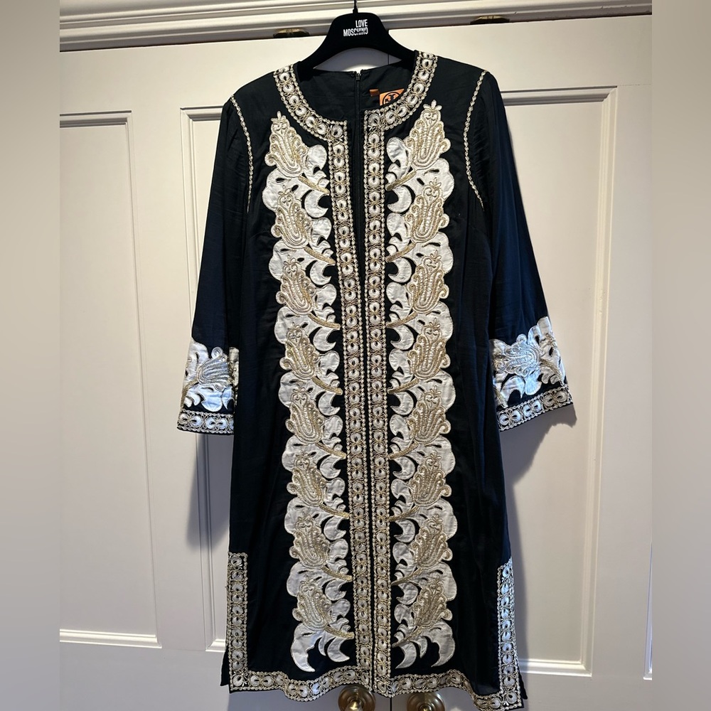 Tory Burch Black Tunic Dress with Gold and White Embroidery